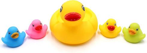 Floating Rubber Duckies Bath Play Set - 5 Pieces with 1 Jumbo Mama Ducky and 4 Baby Ducks (4 Colors)