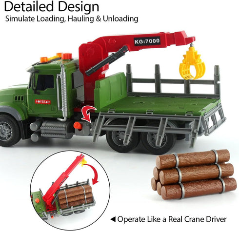 15" 6 3 4 5 6 Wenbeier Farm Truck Toy for Kids Large Timber Truck with Loading Crane and Woods - Log Truck with Sound