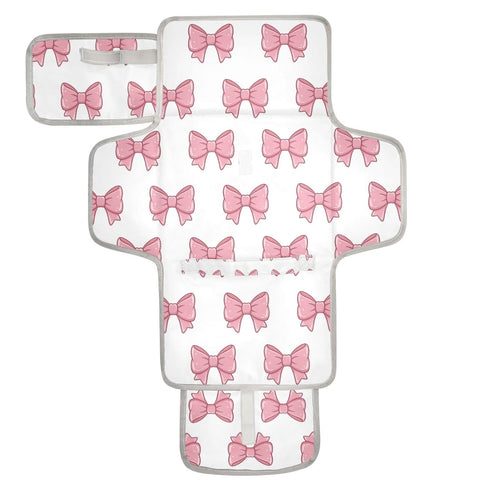 Jihqo Diaper Changing Pad Pink Bows Portable Diaper Mat with Built-in Pillow Travel