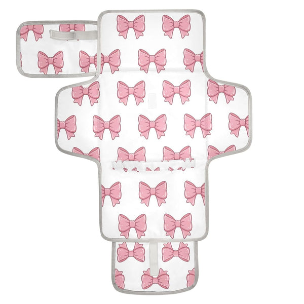 Jihqo Diaper Changing Pad Pink Bows Portable Diaper Mat with Built-in Pillow Travel