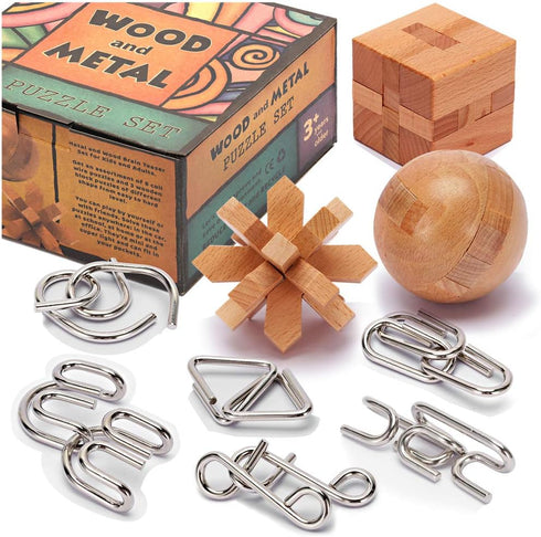 LESONG Brain Teasers - 9 Pack Metal and Wooden Puzzles for Kids and Adults, IQ and Logic Test Games