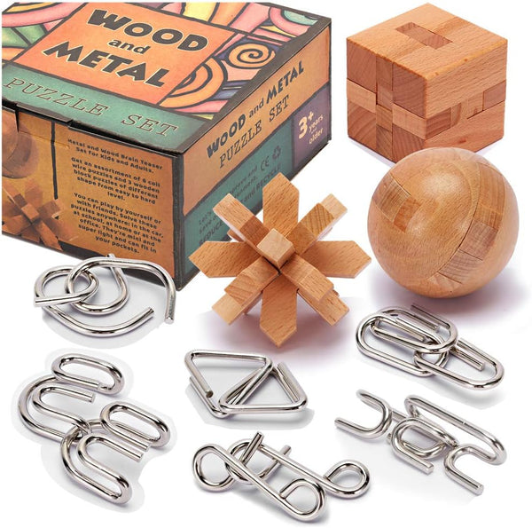 LESONG Brain Teasers - 9 Pack Metal and Wooden Puzzles for Kids and Adults, IQ and Logic Test Games