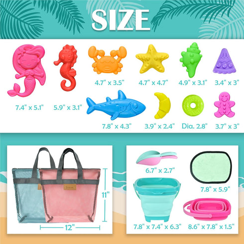 2 Set Collapsible Beach Sand Toys for Kids - Travel Beach Toys with Collapsible Beach Buckets, Mesh Bags, Animal Sand