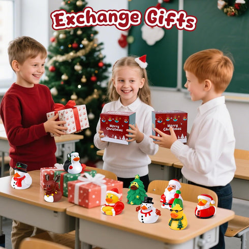 24 Pcs Christmas Rubber Ducks with a Bag, Christmas Stocking Stuffers for Kids, Santa Duckies for Xmas Party Favors