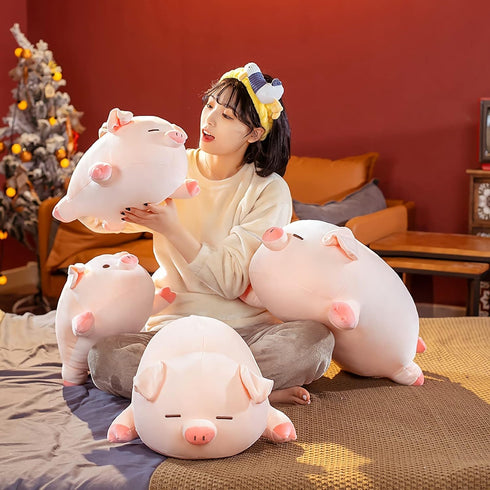 Cute Kawaii Pig Plush Pillows, Soft Stuffed Animal Hugging Pillow, Birthday Gifts for Girls (Round Eyes, 15.7in)