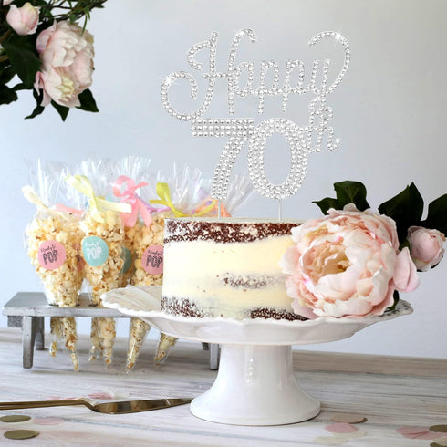 LINGTEER Happy 70th Birthday Silver Rhinestone Cake Topper - Cheers to Seventy Years Old Anniversary Party Cake