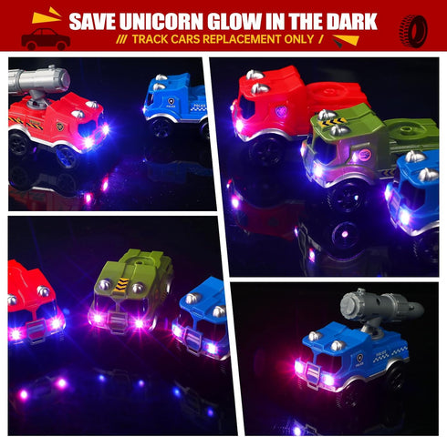 Tracks Cars Replacement only,Track Cars for Tracks Glow in The Dark, Car Tracks Accessories with 3 Flashing LED Lights, Compatible with Most Car Tracks for Kids Boys and Girl(4pack)