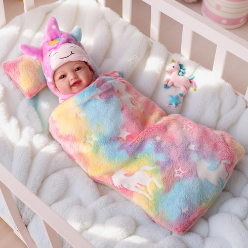 2 Set 12-17 Inch Set, BABESIDE Pcs Reborn Baby Doll Bedding for Dolls, Cute Animal & Star Pattern Doll Blanket