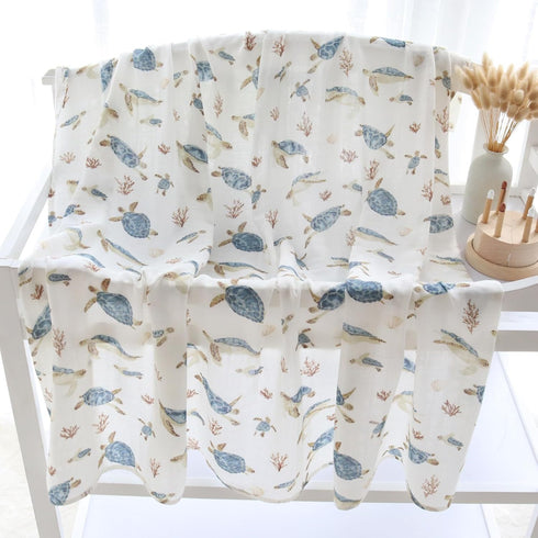 LifeTree Baby Swaddle Blanket, 70% Viscose from Bamboo and 30% Cotton Muslin, Boys Girls, Large 47" x 47" Sea Turtle