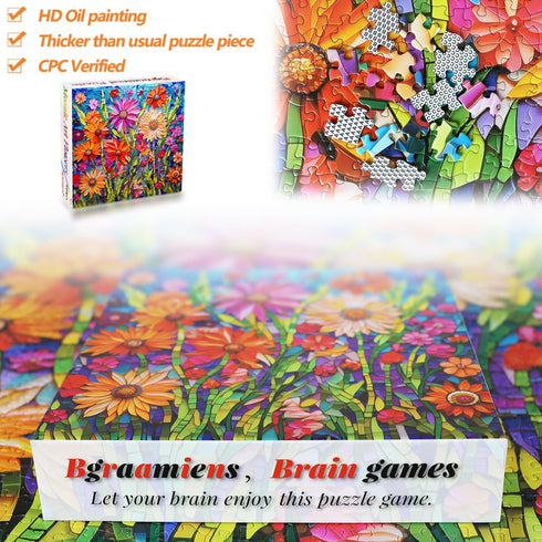 Bgraamiens 1000 Pieces Puzzle - Mosaic Art Flowers - Stained Glass Art Puzzle with Flowers, Impossible Color Challenge