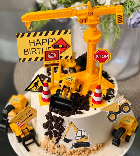 Tnstk 18 Set Construction Cake Topper, PCS Construction Cake Decorations Excavator Tower Crane Cupcake Topper Traffic