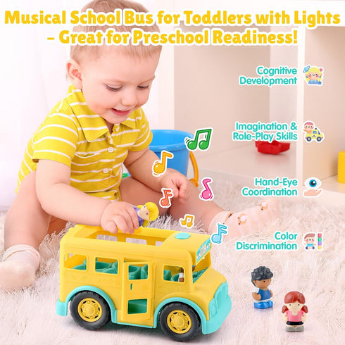 PLAY Yellow School Bus Toy for Toddlers with Figures and Driver | Lights/Music and One-Tap Music Off | Interactive Role
