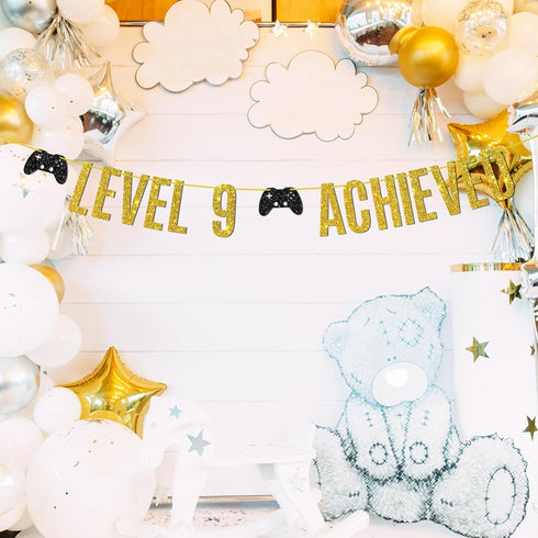 Game on Level 9 Achieved Banner, Glittery Hanging Sign for 9th Birthday Party Decorations