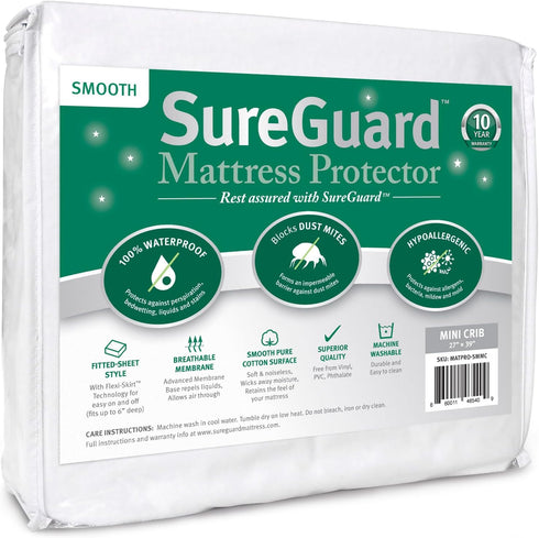 SureGuard Mini Crib Mattress Protector - 100% Waterproof, Hypoallergenic Premium Fitted Cotton Cover for Portable Pack