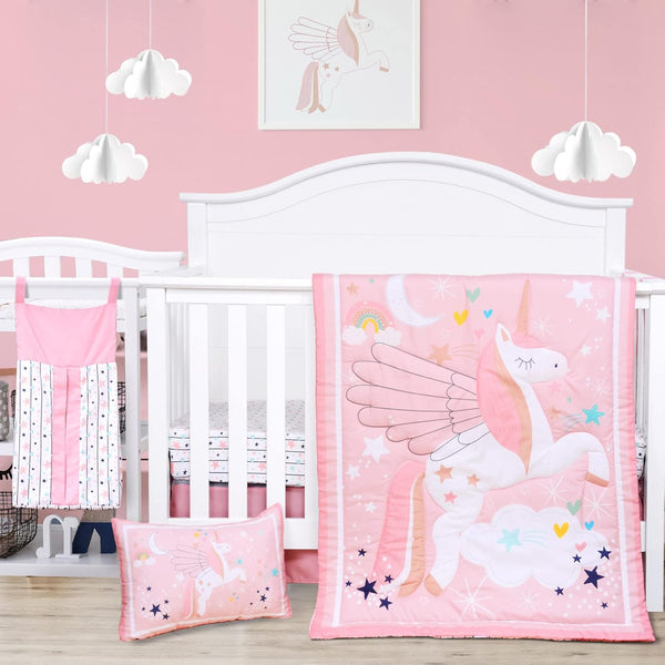 JISEN 5 Piece Crib Bedding Set for Girls Unicorns Baby Girl Bedding
