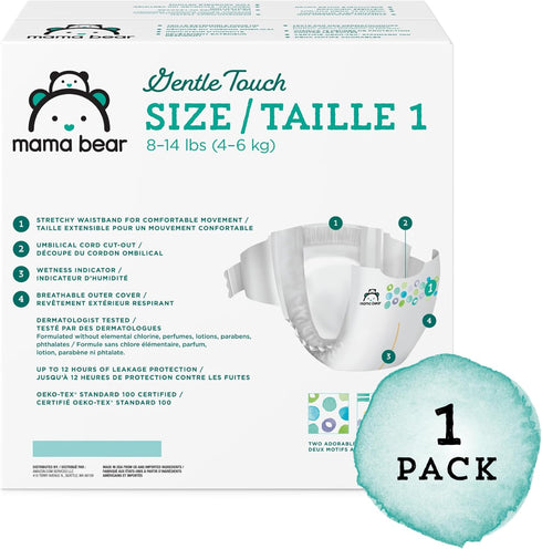 Mama Bear Gentle Touch Diapers, Hypoallergenic, Size 1, 196 Count (4 Packs of 49) - Amazon Brand, White