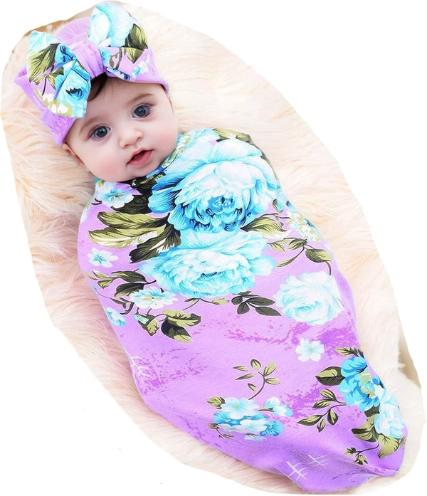 Galabloomer Newborn Baby Sleep Receiving Blanket and Bow Headband Set, Baby Swaddle Blanket