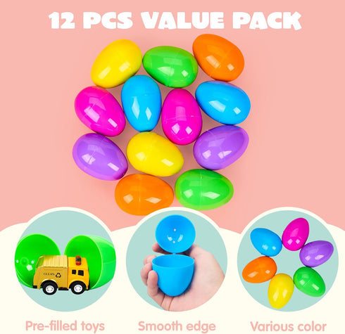 12 JOYIN Pcs Easter Eggs Filled with Toy Cars, Colorful Stuffed Eggs with Pull Back Die-Cast Cars for Easter Hunt Game