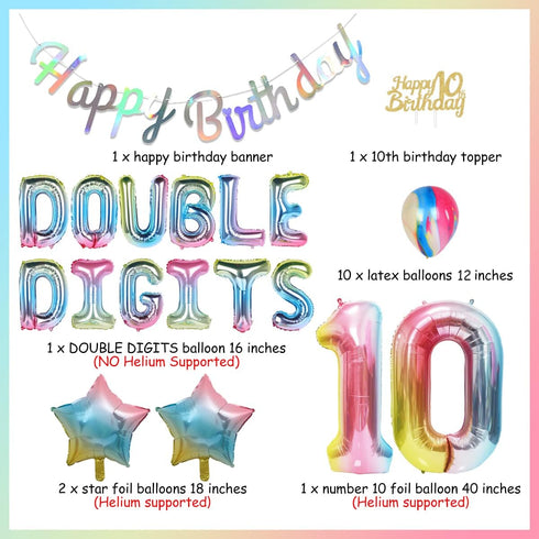 Rainbow 10th Birthday Decorations, Double Digits Number 10 Star Balloons, Happy Birthday Banner for Girls