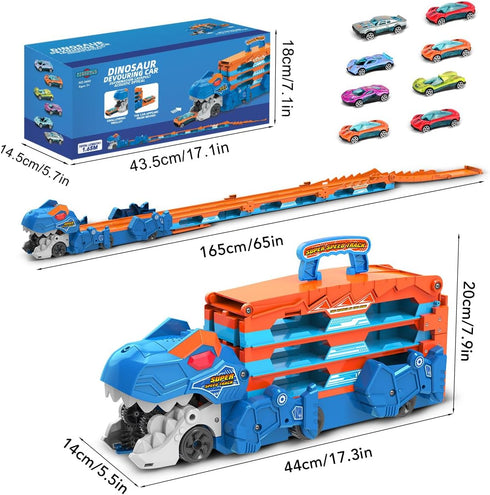 3 1 8 Set 3 4 5 6 TERRAMUS Dinosaur Transport Truck Toy for Kids - in Ejection Folding Track Toys w/Sound Race Cars