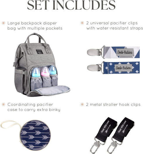 Dodo Babies Diaper Bag Backpack Set - Insulated & Waterproof Pockets, Plus Two Pacifier Clips, Binky Case & Stroller