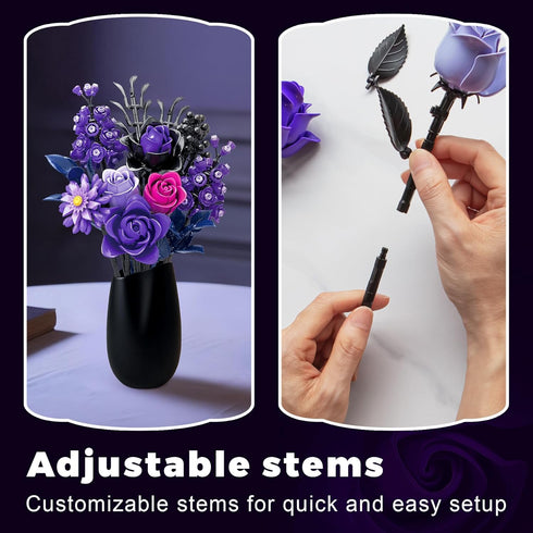 822 Set Gothic Black Purple Roses Bouquet - Pcs Building Blocks for Adults, Lego Compatible Flowers for Home Decor