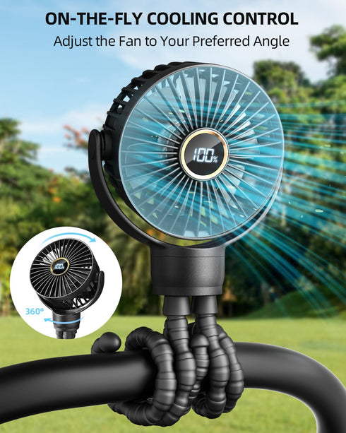 3.5" Battery Powered Baby Stroller Cooling Fan, 3-Speed Rechargebale Tripod Fan with 360 Degree Rotation, Quiet Portable Fan with LED Display, Great for Car Seat, Crib, Bike, Treadmill, Black