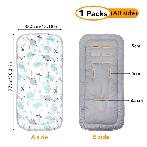 Baby Stroller Cushion, Universal Breathable and Soft Newborn Stroller Mat, 100% Cotton cover toddler Seat Pad Liner for Stroller, 34x78cm,1 Pack(Dinosaur+Grey))