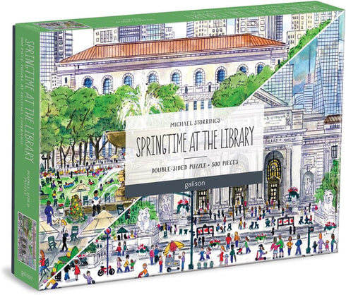 Galison Michael Storrings Springtime at The Library Double-Sided Puzzle, 500 Pieces, 20” x 20”