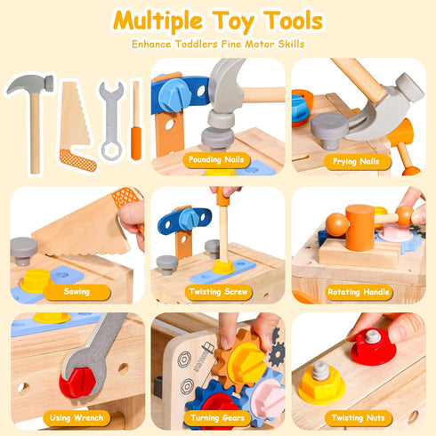 Set 39 2 3 4 3-5 TONZE Kids Tool with Apron, PCS Wooden Toddler Tool Bench Box Montessori Toys for Year Old Boys Girls