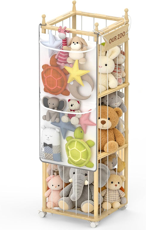 Stuffed Animal Storage,Wooden Zoo Toy Organizer with Wheels & Hanging Net, Cute Plush Toy Display Stand for Kids
