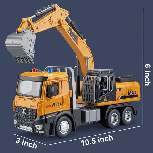 Excavator Toy Metal Cab, Big Digger Toys for Boys with Lights Sounds and Working Movable Parts, Friction Powered