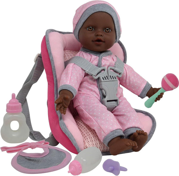 African American Doll Travel PlaySet - Baby Doll Car Seat Carrier Backpack with 12 Inch Soft Body Doll & Accessories