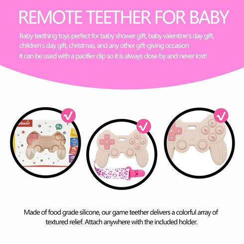 Cool Game Control Remote Teething Toy for Babies 0-6 6-12 Months, Silicone Chew Toy for Gamer Parents (Pink)