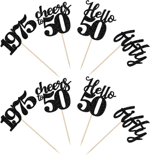 24 PCS Black 50th Birthday Cupcake Toppers, Glitter Hello 50 Cupcake Topper for 50th Birthday Party