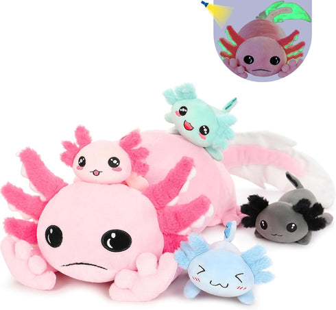Tezituor Giant Axolotl Stuffed Animal with 4 Babies Inside, 31.5" Soft Realistic Plush Pillow Toy for Boys Girls