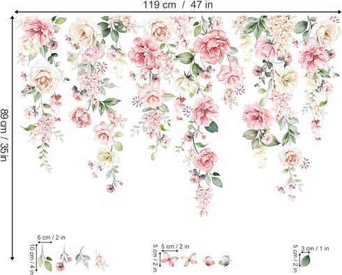 wondever Large Pink Flowers Wall Stickers Hanging Vine Floral Leaves Peel and Stick Wall Art Decals for Baby Nursery