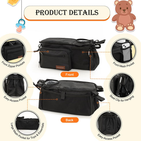 Generic 14"-19" Stroller Organizer Bag with Insulated Cup Holder & Adjustable Dividers, Non-Slip Stroller Caddy