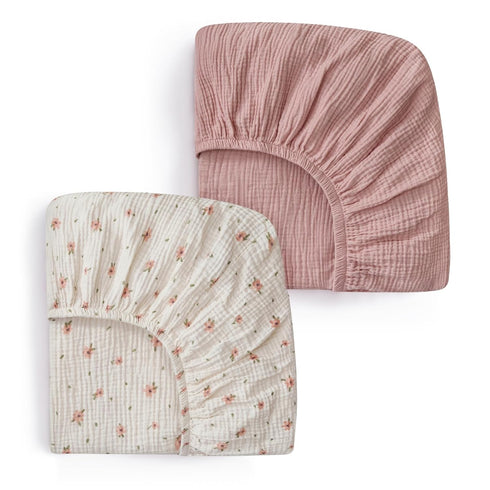 2 Pack(Pink Blissful Diary Muslin Bassinet Sheets for Baby Girls Boys, Boho Soft Cotton Fitted for Oval Hourglass
