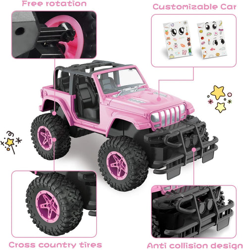 2.4Ghz 3 NQD RC Cars with DIY Sticker, Pink Remote Control Car for Girls, Jeep RC Trucks, Little Girl Toys Birthday