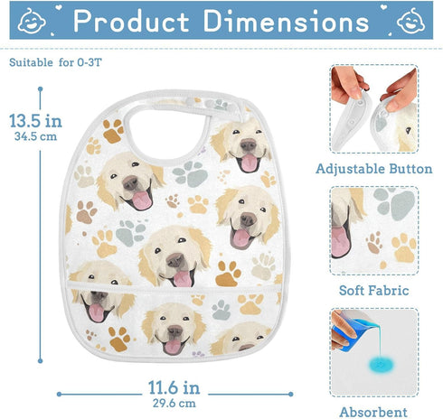 IHCVHQX Baby Feeding Bibs for Boys Girls Golden Retriever Dog Faces and Paw Infant Toddler Drooling Bibs with Catcher