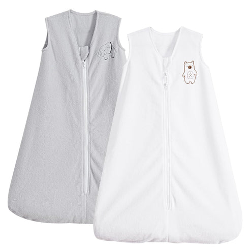PHF Soft Micro-Fleece Baby Sleep Sack, 6-12 Months, Warm Baby Wearable Blanket, 2-Way Zipper, 2 Pack, White & Grey