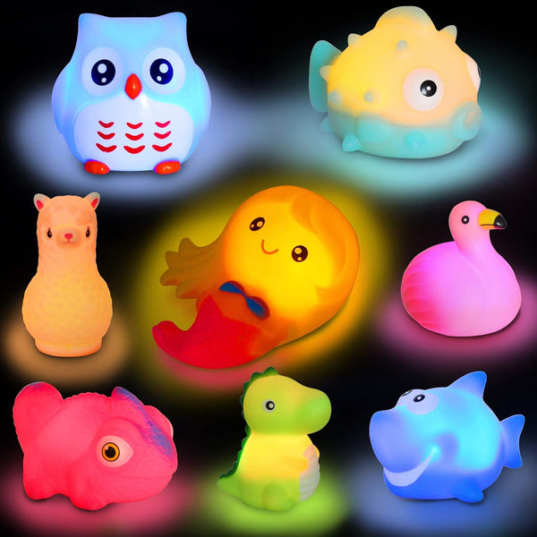 Animal Bath Toy Set with 8 Pcs Floating Auto Flashing Early Learning Toys for Kids & Pets, Dinosaur Shark Flamingo