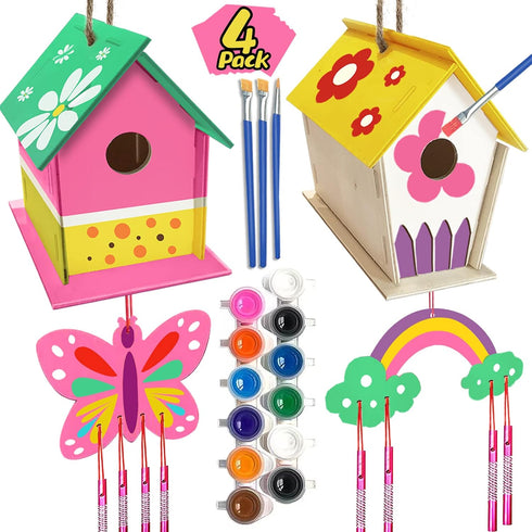 Crafts for Kids Ages 4-8 - 4 Pack DIY Bird House Wind Chime Kit for Building and Painting Birdhouses