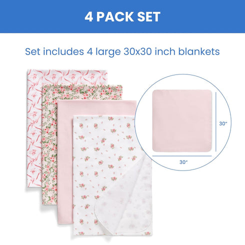 100% 30x30 Inches (Pack 4), Delta Children Cotton Flannel Baby Receiving Blankets for Girls and Boys of Pink Floral