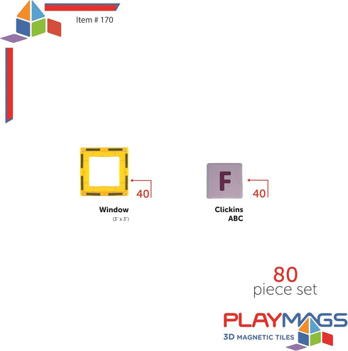 Playmags Magnetic Tile Building Set - 80-Pc. Kit with 40 Clear Color Magnet Tiles & 40 Letters