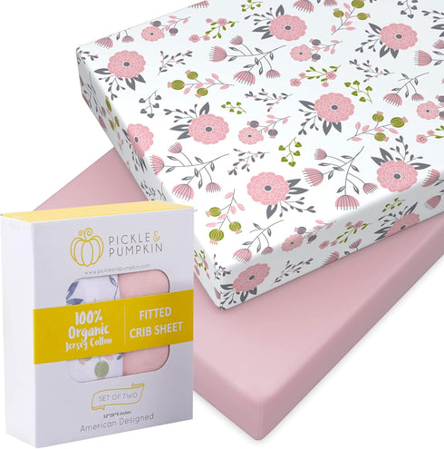 Pickle & Pumpkin Premium Organic Crib Sheet | 2 Pack 100% Organic Jersey Cotton Fitted