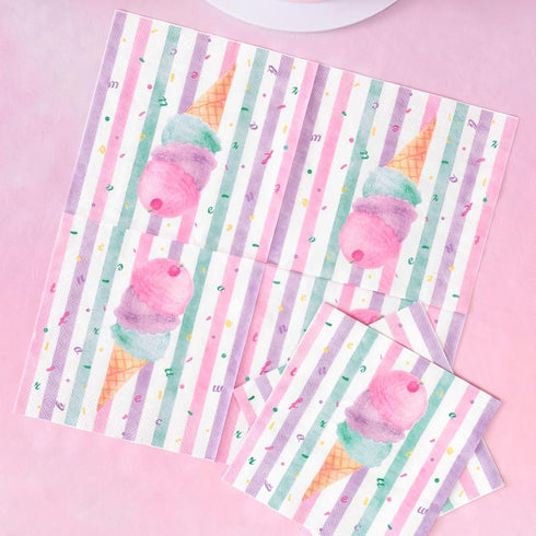 WERNNSAI Ice Cream Party Supplies - Disposable 3 Ply Pink Sweet Ice Cream Themed Birthday Napkins for Girls