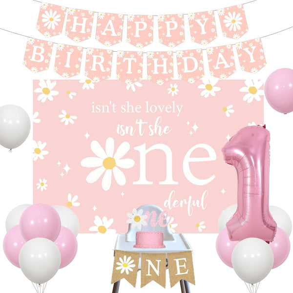 Daisy 1st Birthday Decorations for Girl, Pink and White Balloons Number 1