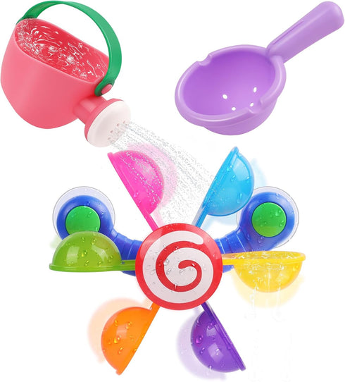 Oukitoymer Baby Bath Toy, Kids Watering Can Bathing Spoons Windmill Water Toys Set